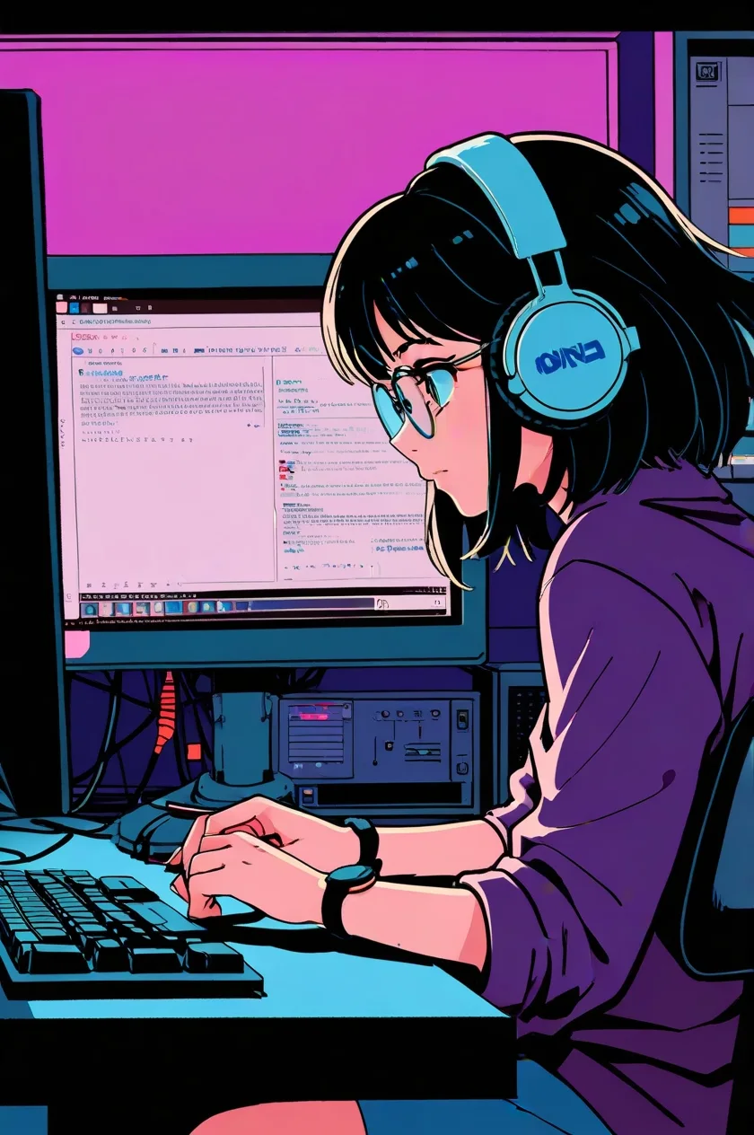 image of a girl using laptop while listening to music