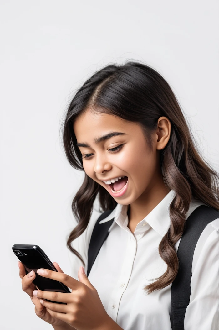 image of a girl getting exciting while looking on her cellphone